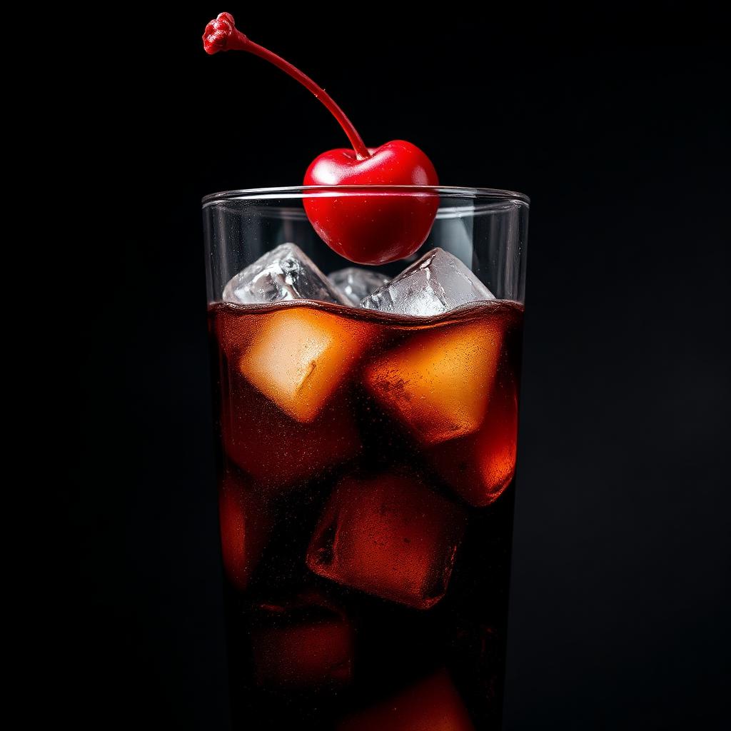 Ruby red cherry cola fizzing with bubbles over ice cubes in a tall glass