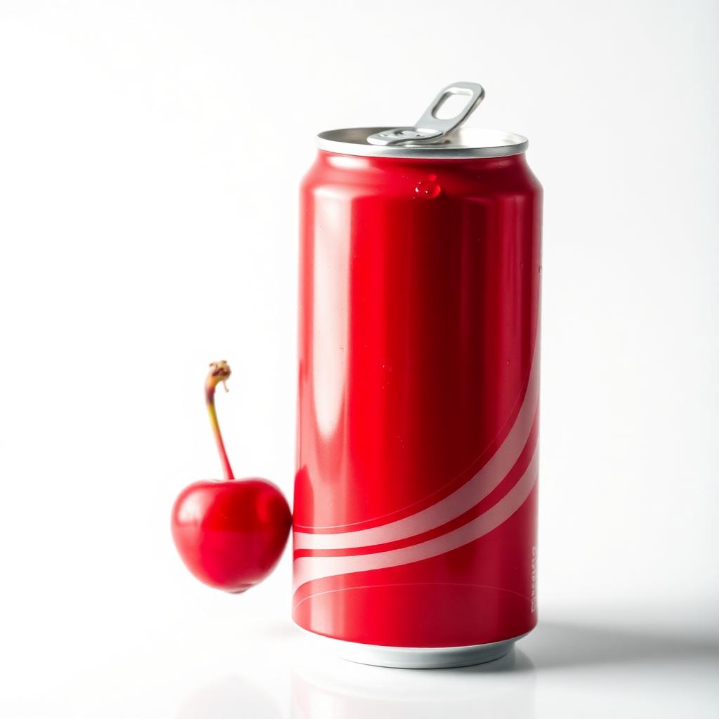 Fresh ripe cherry with green leaves resting on the top of a red soda can