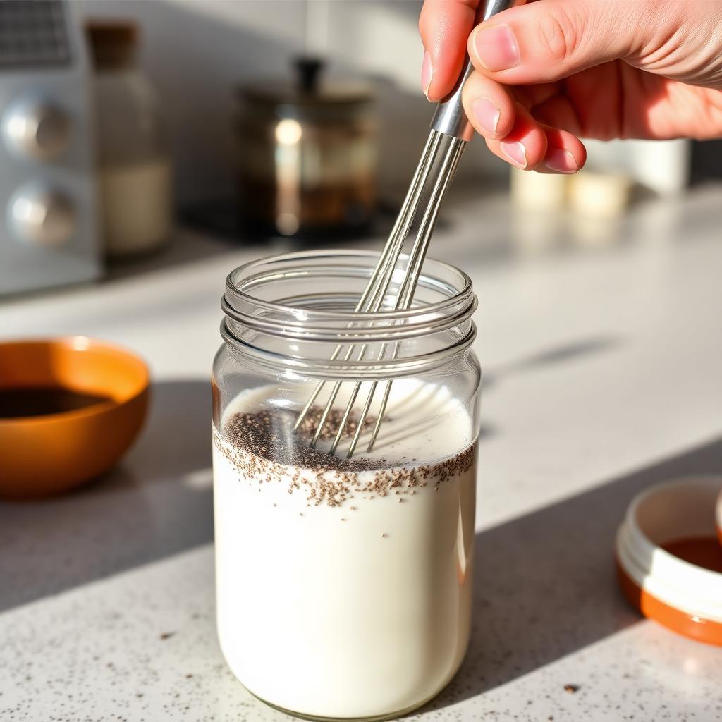 A small whisk stirring chia seeds into a glass jar of oat milk on a kitchen counter, showing the seeds suspended throughout the liquid before refrigeration