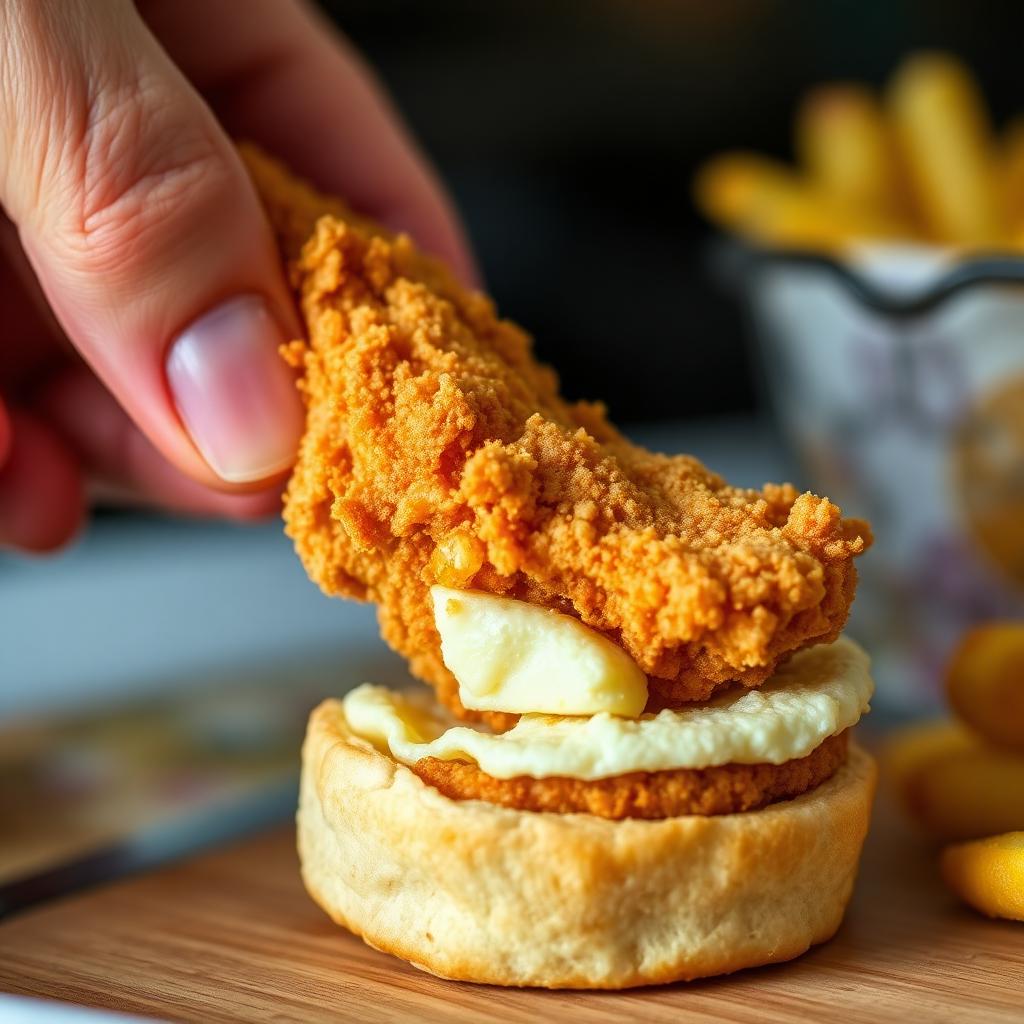 A crispy fried chicken tender being placed on a buttered biscuit half for a breakfast sandwich