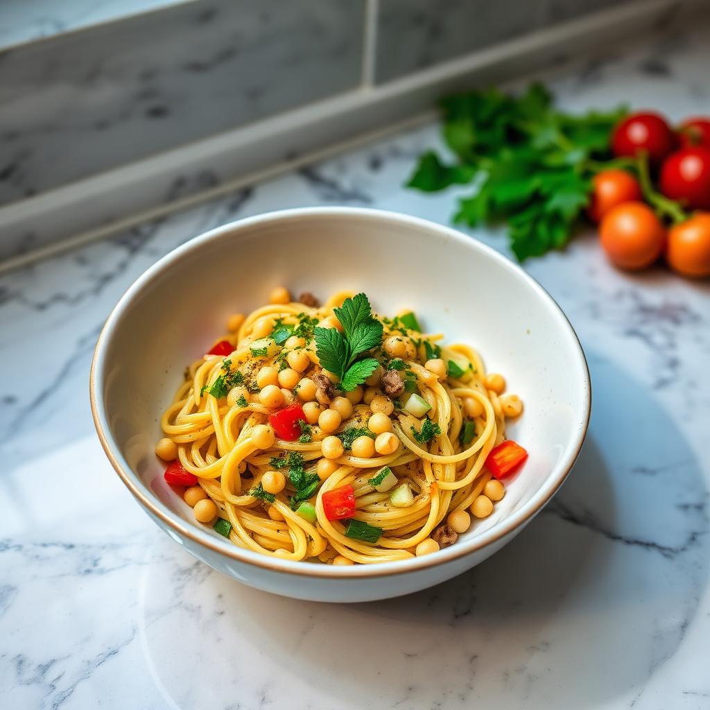 Bowl of chickpea pasta with vegetables and herbs on a marble countertop