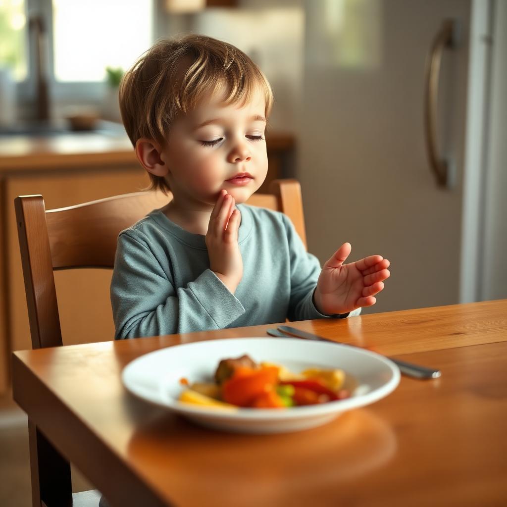 Young child with folded hands and closed eyes saying grace before a meal at a wooden kitchen table