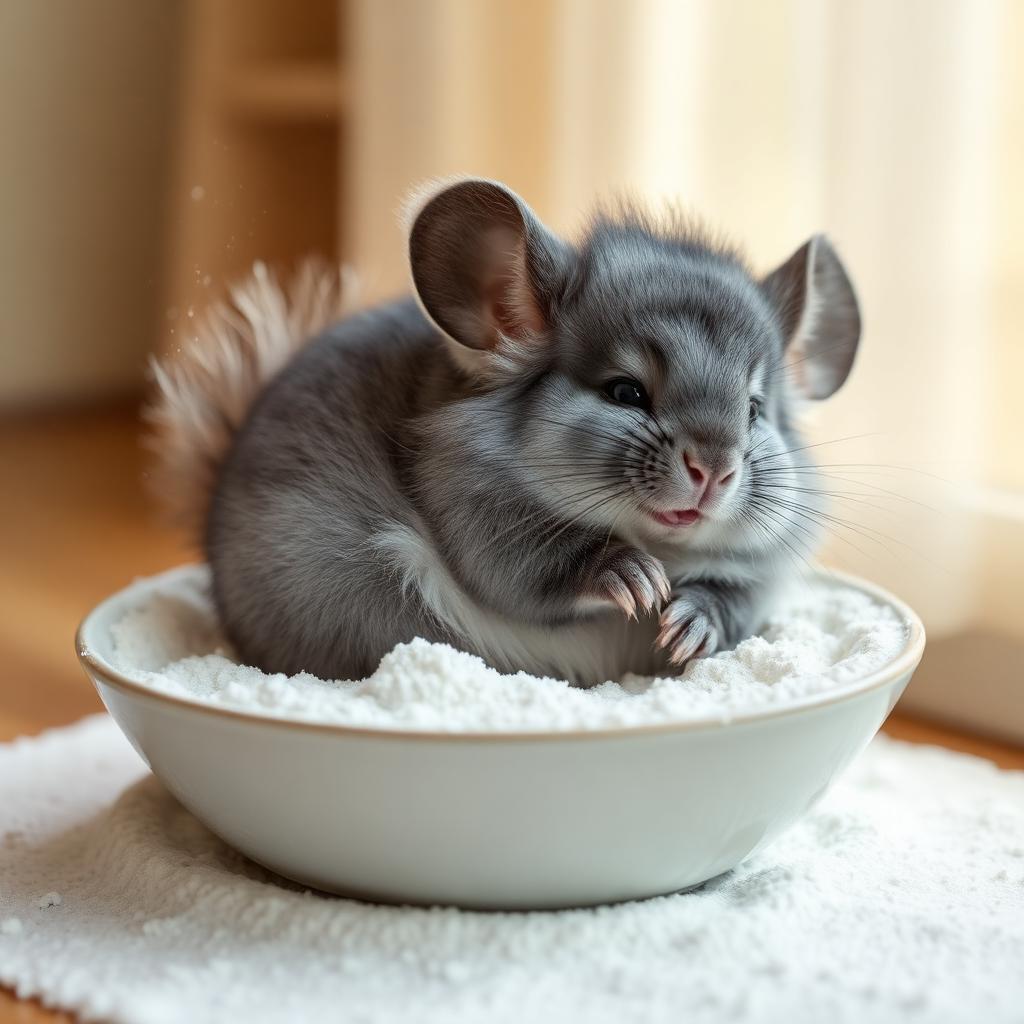 A fluffy grey chinchilla rolling joyfully in a shallow bowl of fine white volcanic dust with a soft cloud of dust particles airborne around it in a warm indoor setting