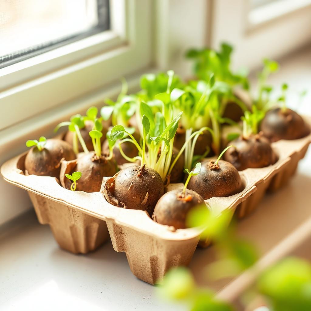 Seed potatoes resting in a paper egg carton on a windowsill showing short green sprouts