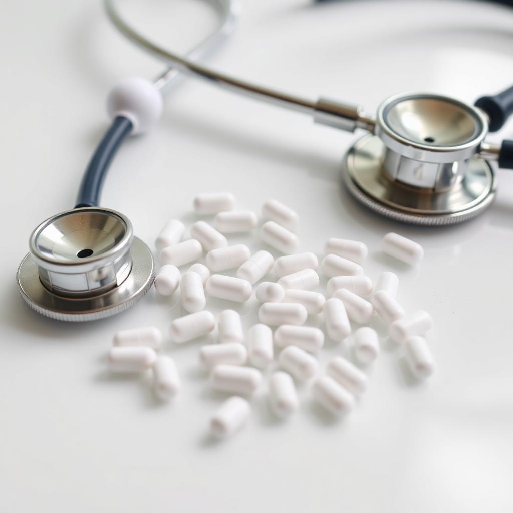 Cholesterol lowering pills and a stethoscope representing the statin myopathy research pathway from medication to muscle side effects