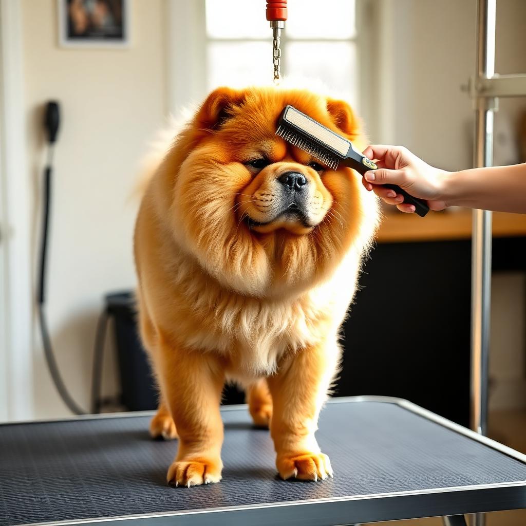A calm Chow Chow standing on a non-slip grooming table while a hand brushes the neck ruff with a long pin slicker brush
