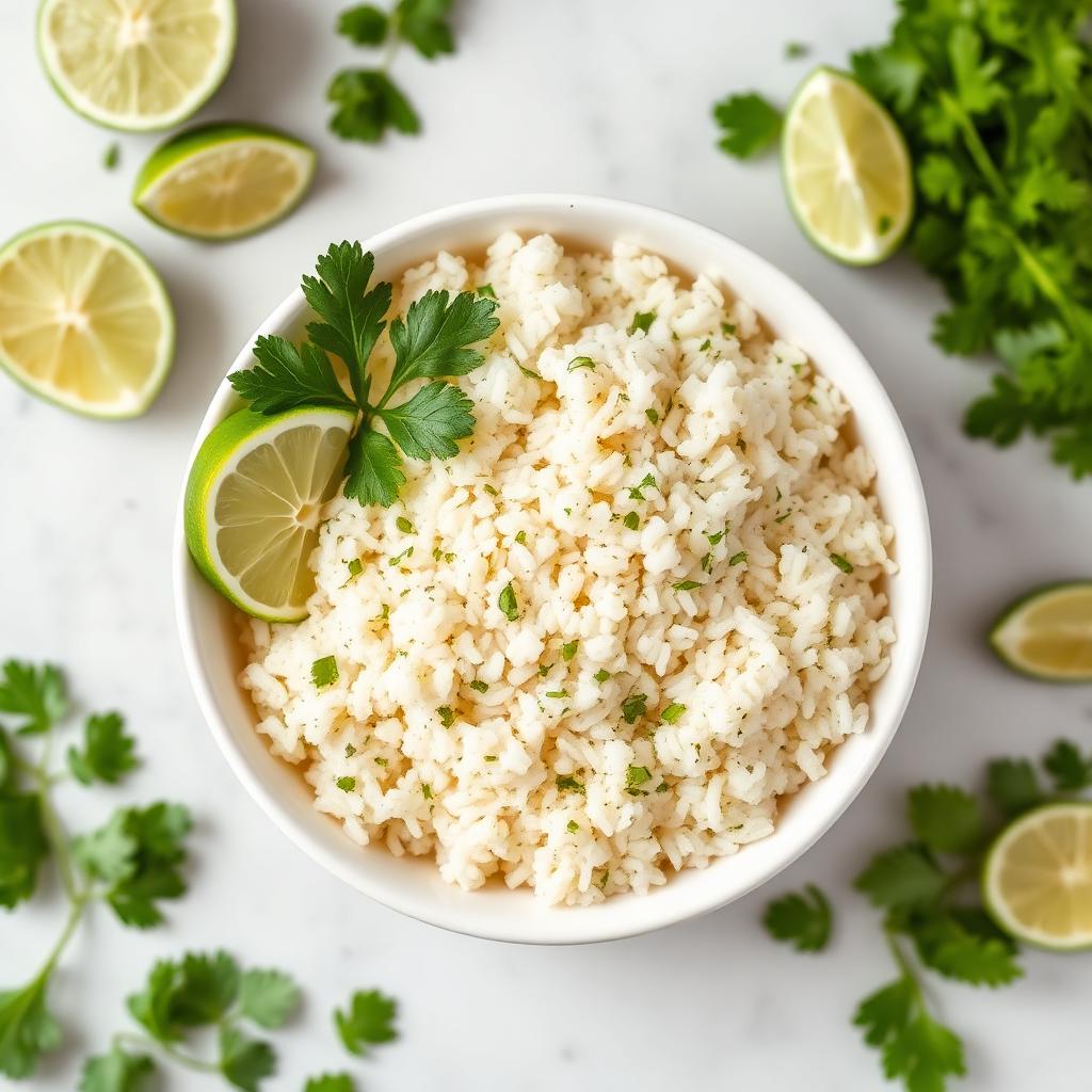 I Make a Burrito Bowl: White bowl of fluffy cilantro lime rice with fresh lime wedges
