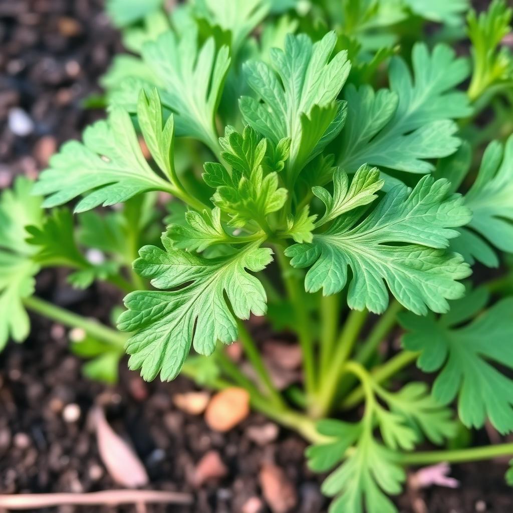 Close up of a mature cilantro plant with deeply lobed green leaves