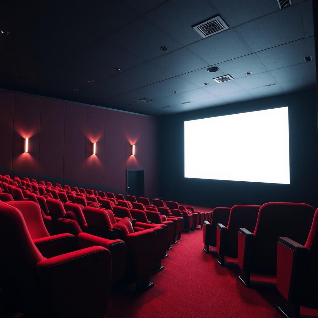 Empty modern cinema auditorium with red seats waiting for a Toy Story 5 screening