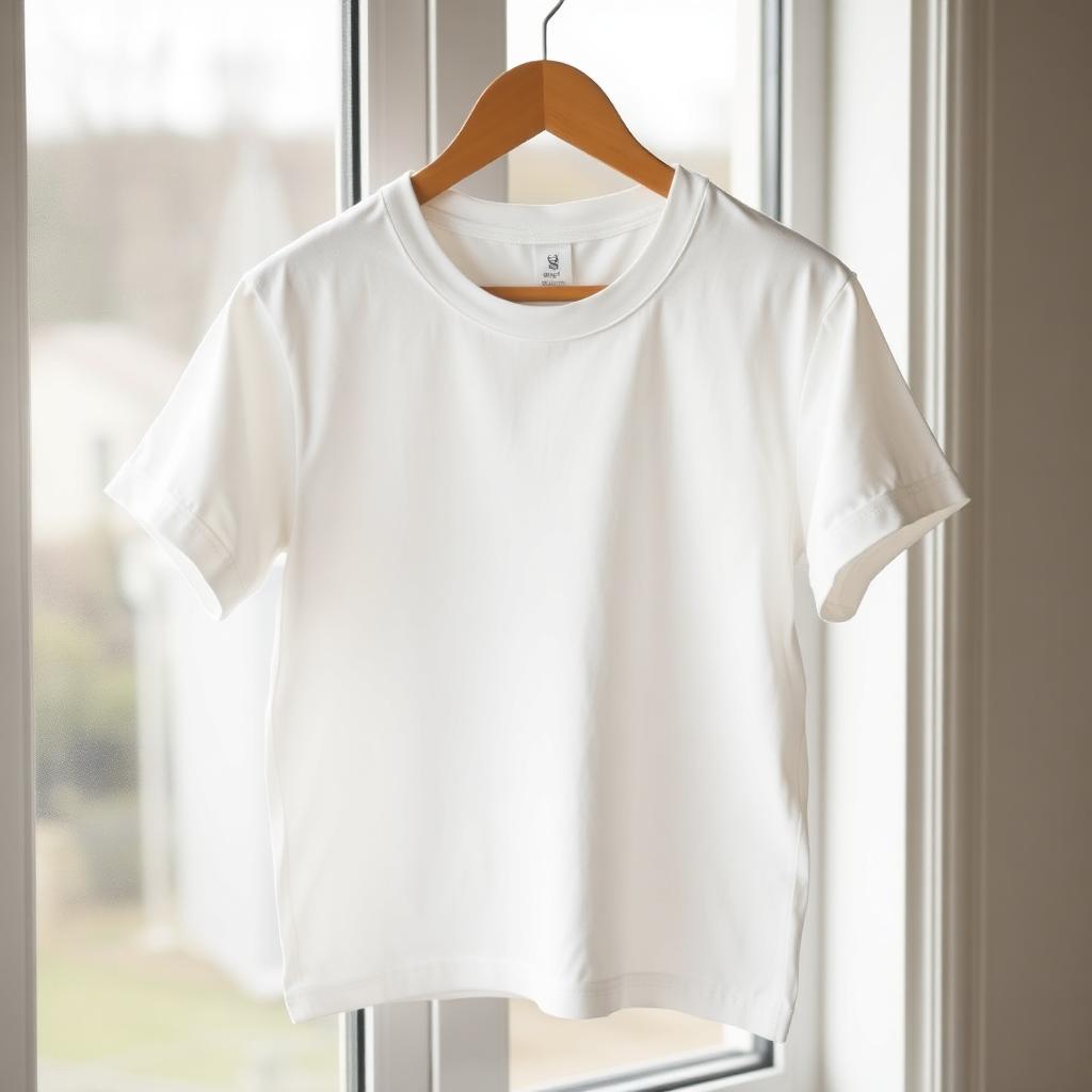 A plain freshly laundered white cotton t-shirt on a wooden hanger by a window with no yellow underarm stain