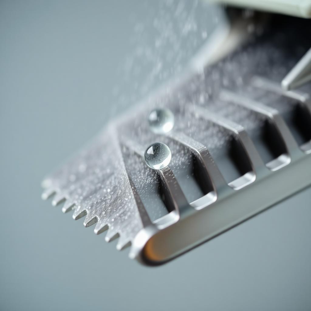 Fine mist of clear cooling spray landing on the shiny metal cutting teeth of a running dog clipper blade in a professional grooming setting