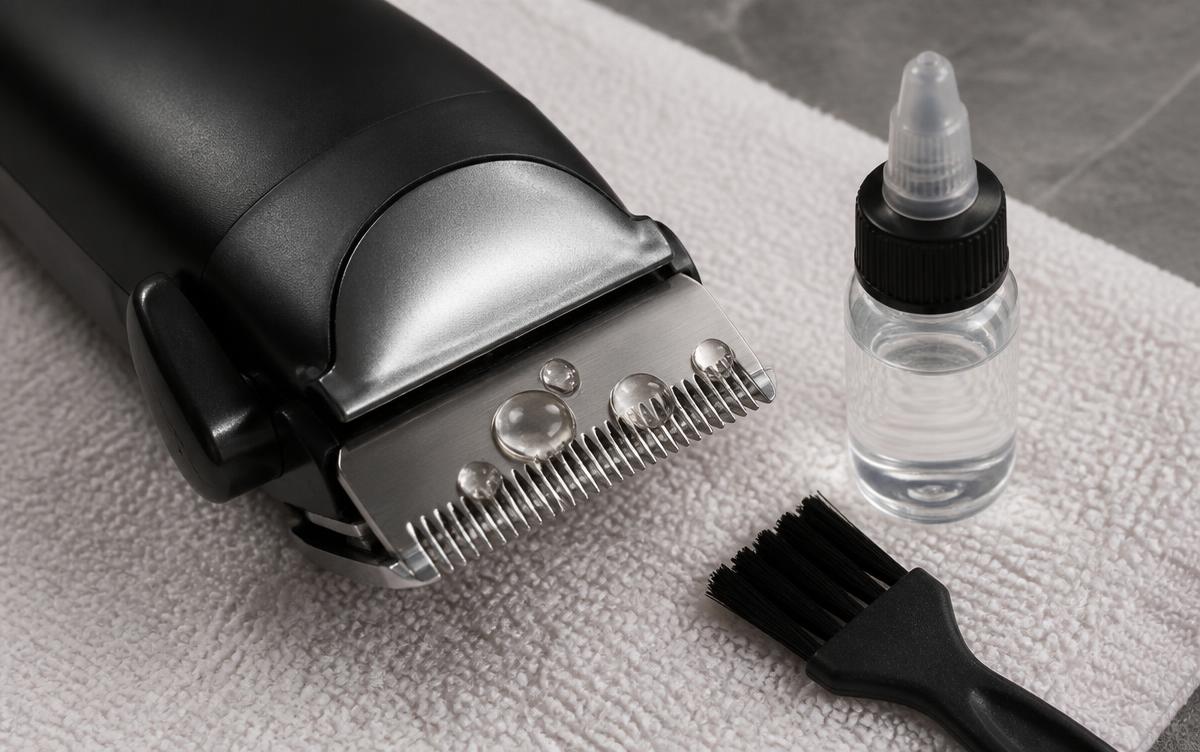 Trimmer cleaning brush and oil kit: clear clipper oil drops on the metal blade of an electric hair clipper with a small oil bottle and cleaning brush