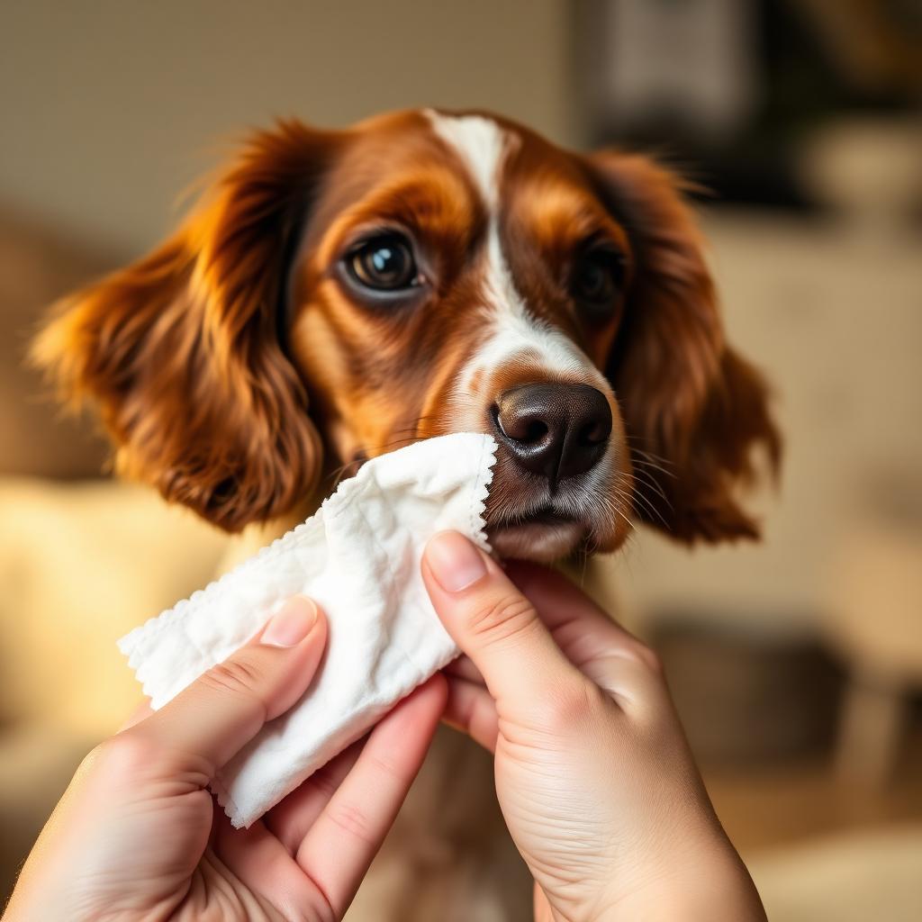 Hands wiping the inside of a Cocker Spaniel ear flap gently with a soft cotton pad