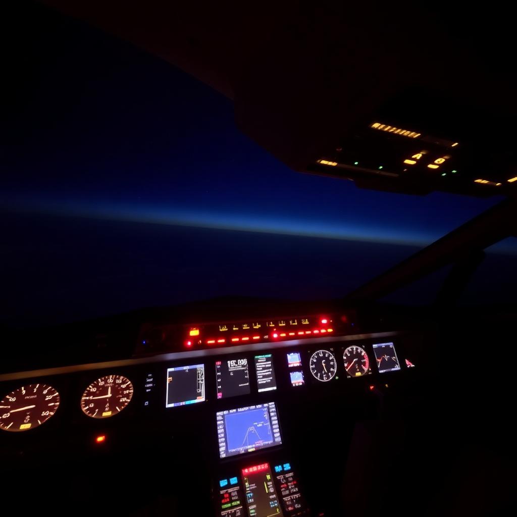 A commercial airliner cockpit during a night cruise with glowing instrument panels and a dark sky through the windshield.