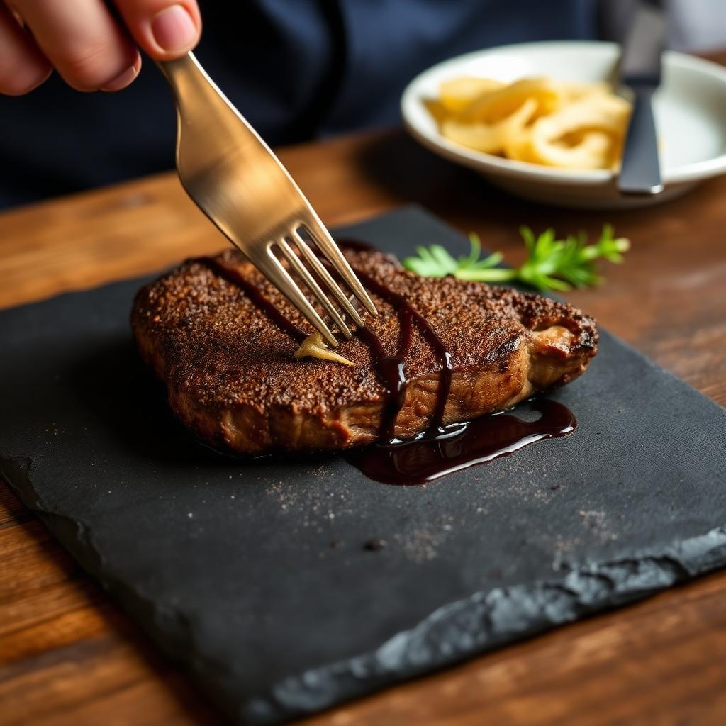 Cocoa rubbed steak being plated with chocolate drizzle on a dark slate