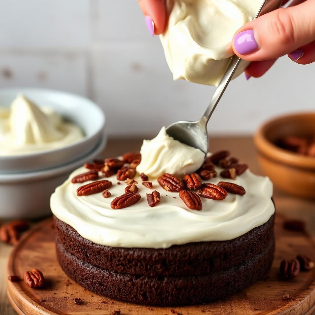 Coconut pecan frosting being spread between layers of a chocolate cake on a wooden board