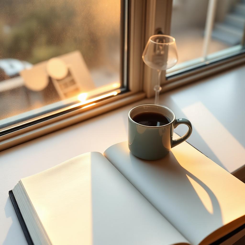 Steaming cup of coffee on an open blank journal beside a sunlit window for morning prayer routine