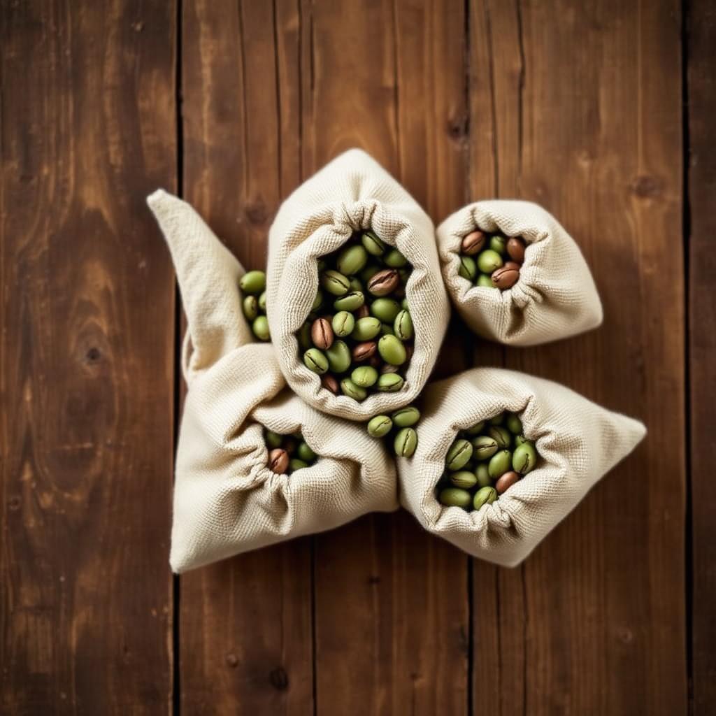 Overhead view of three small linen sacks filled with green unroasted coffee beans on rustic wooden planks, representing different growing regions