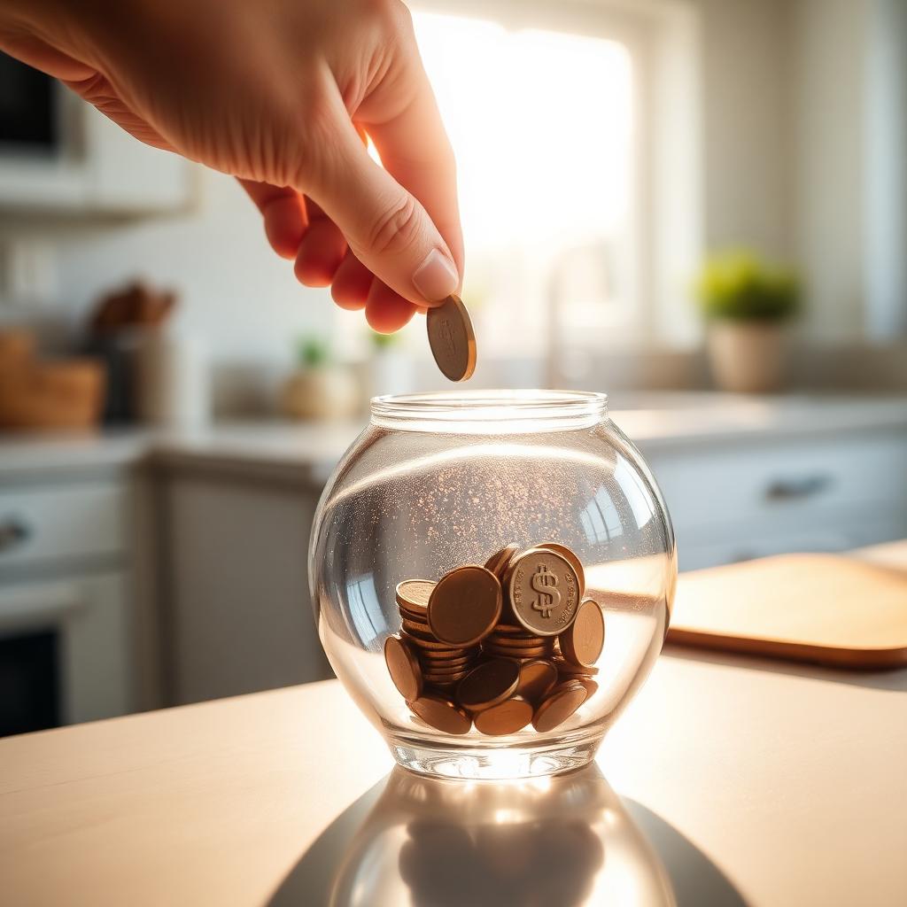 Beginners Start Saving Money Effectively: Hand placing a coin into a clear glass piggy bank on a sunlit kitchen counter