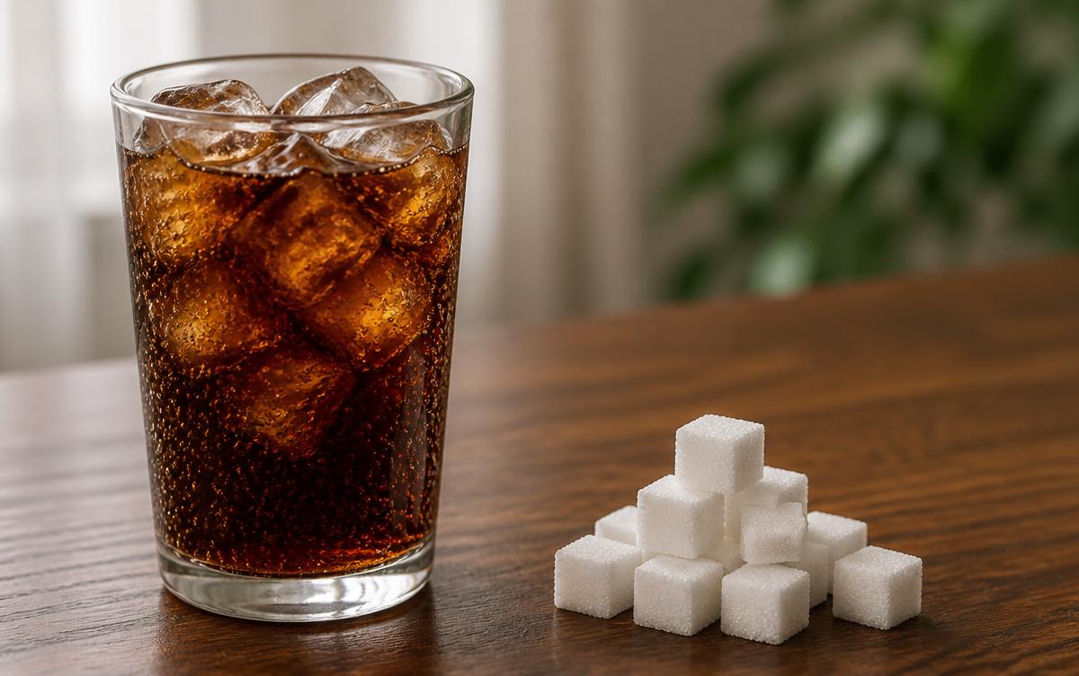 Glass of iced cola beside a stack of white sugar cubes showing how much sugar a single can contains