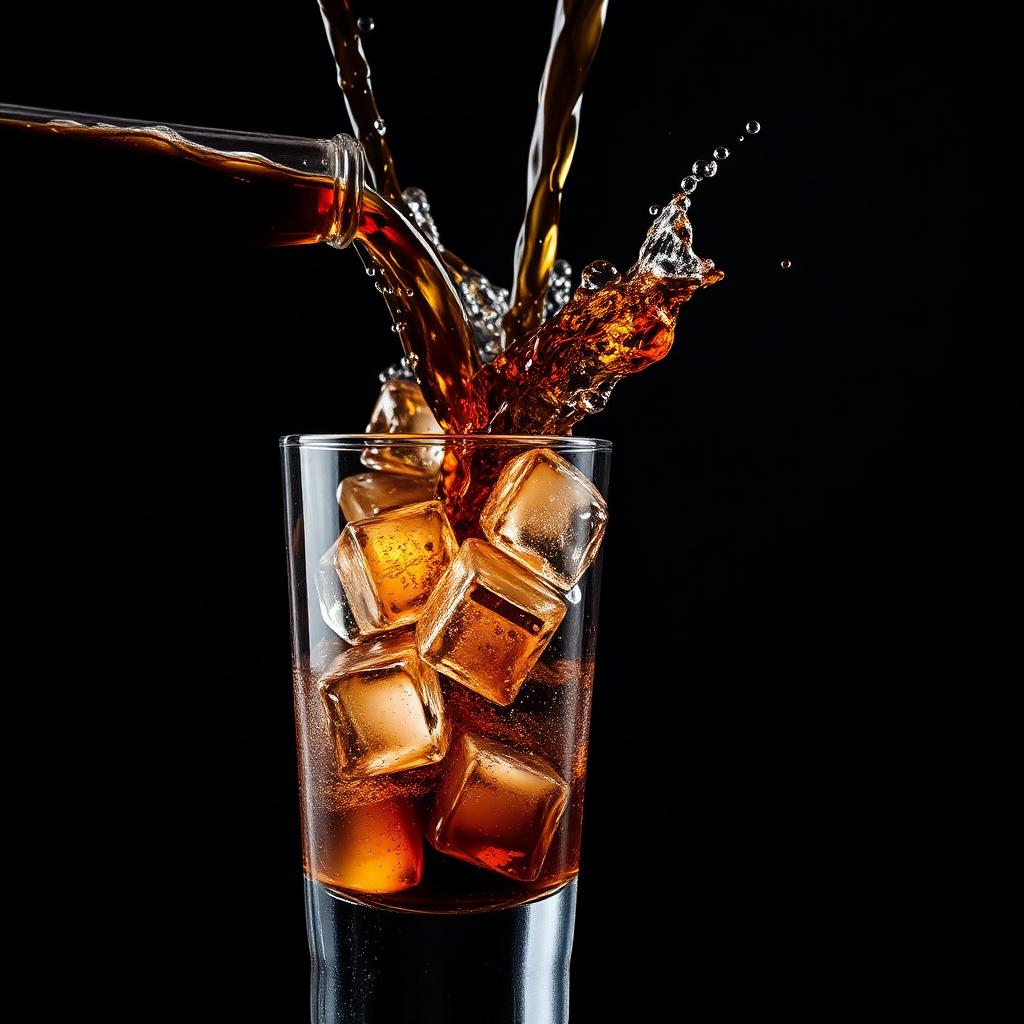 What's the Difference Between Diet Coke: Cola pouring from a glass bottle into a tall glass with ice cubes splashing dramatically
