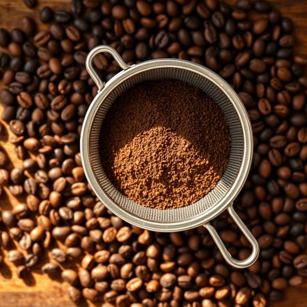 Overhead view of coarse ground coffee in a mesh filter surrounded by whole beans on a wooden board