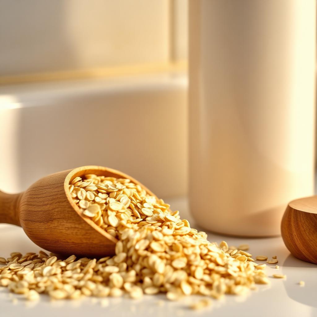 A wooden scoop pouring raw rolled oats onto a clean bathroom counter beside a plain unlabeled bottle in warm soft light