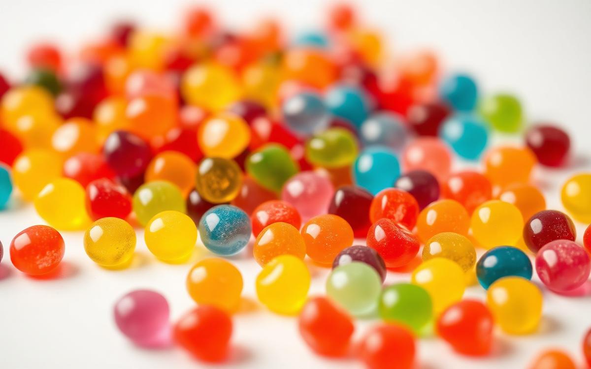 Macro shot of brightly coloured jelly sweets spilled on a white surface showing artificial food colouring additives