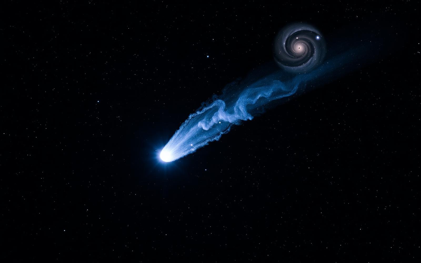 Bright icy comet nucleus with a long diffuse blue dust tail crossing a deep starfield, similar to the visible structure of interstellar comet 3I/ATLAS