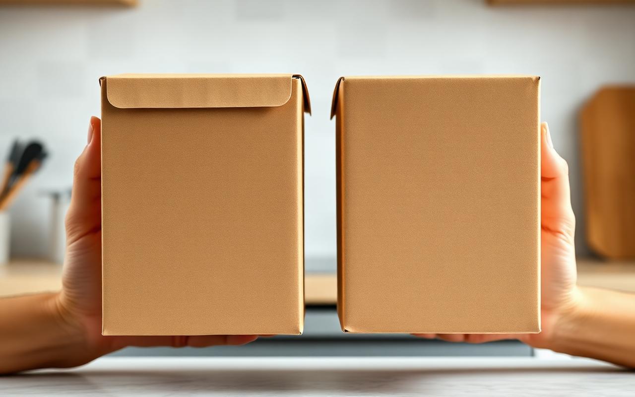 Two plain food packages held side by side on a kitchen counter to compare their percent daily value figures