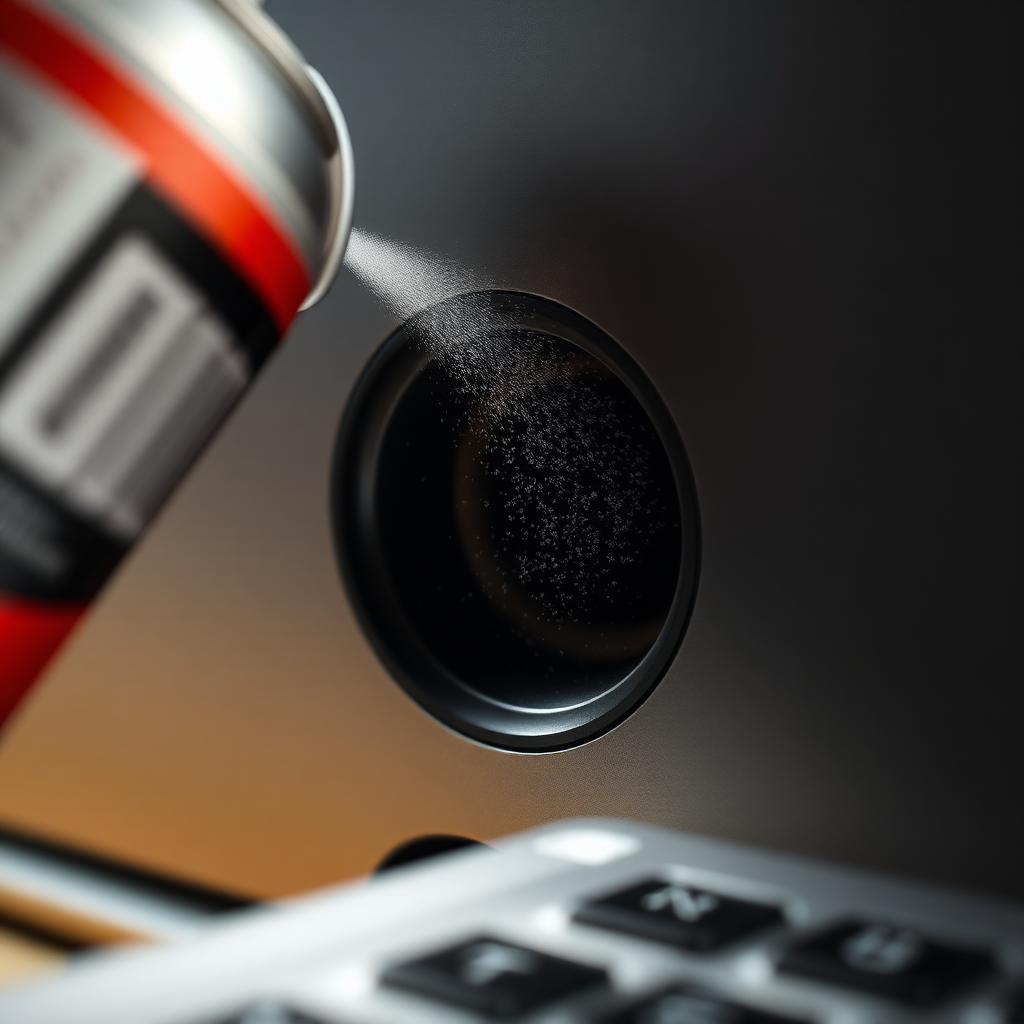 Can of compressed air being sprayed into a laptop exhaust vent to clear dust from the cooling fins
