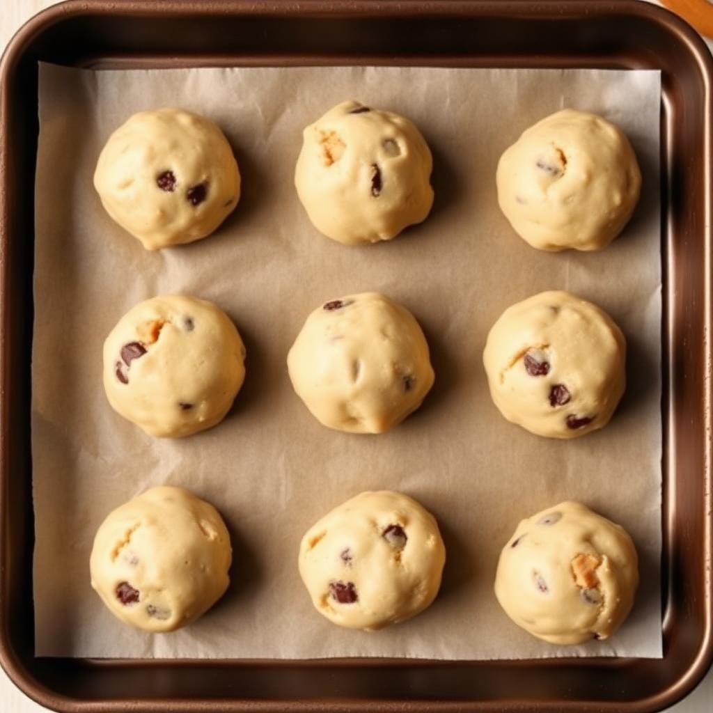Portioned chocolate chip cookie dough balls on a parchment lined baking sheet ready for the oven