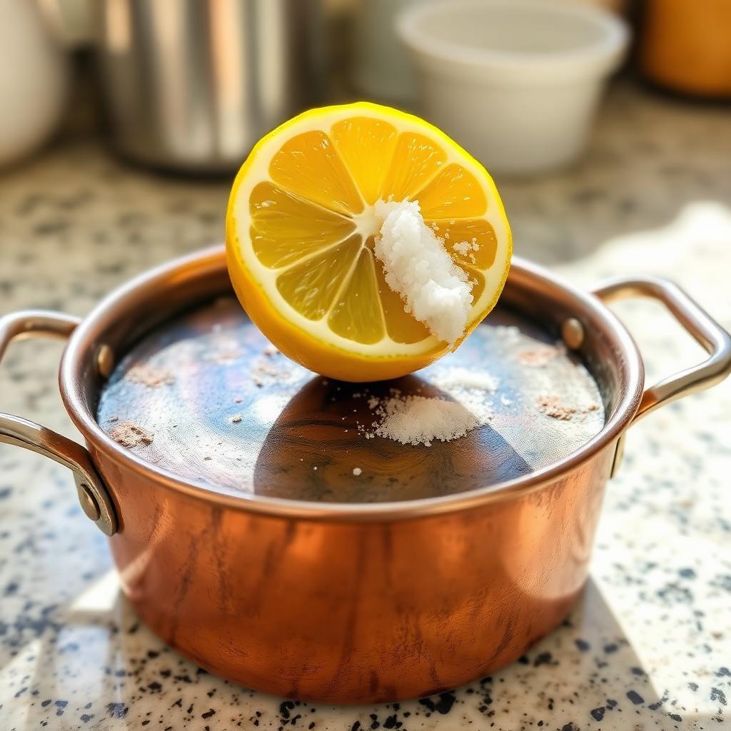 Half lemon and salt being used to polish a tarnished copper pot
