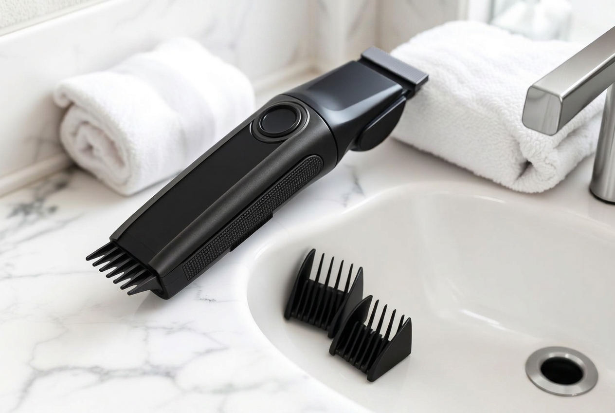 Matte black unbranded cordless hair clipper on a marble bathroom sink beside attachment guards
