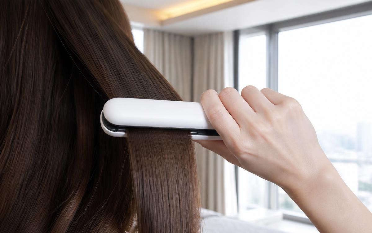 A woman traveling smoothing her long brown hair with a small white cordless flat iron by a hotel window