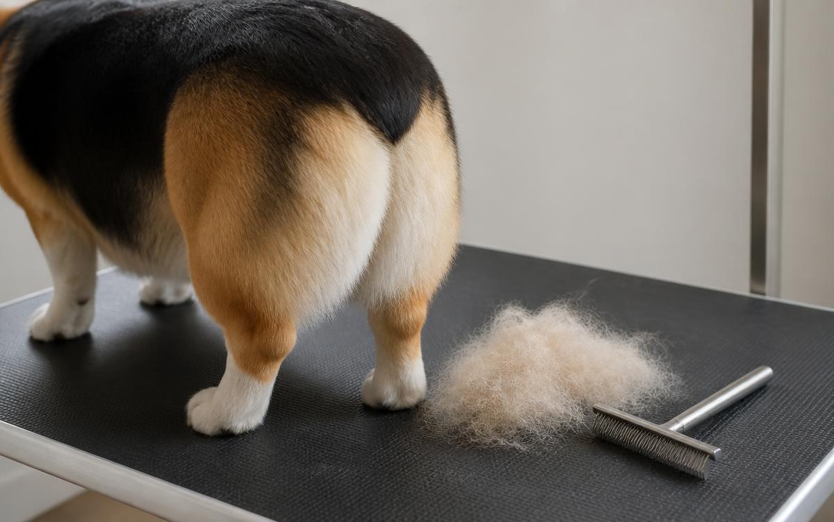 Corgi shedding coat: Pembroke Welsh Corgi standing on a grooming table with a tuft of loose pale undercoat and a metal undercoat rake beside it