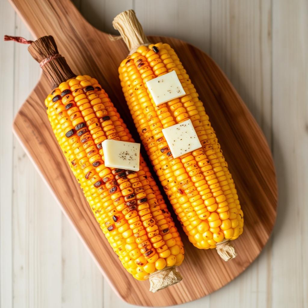 Grilled corn on the cob with butter and pepper on a wooden board