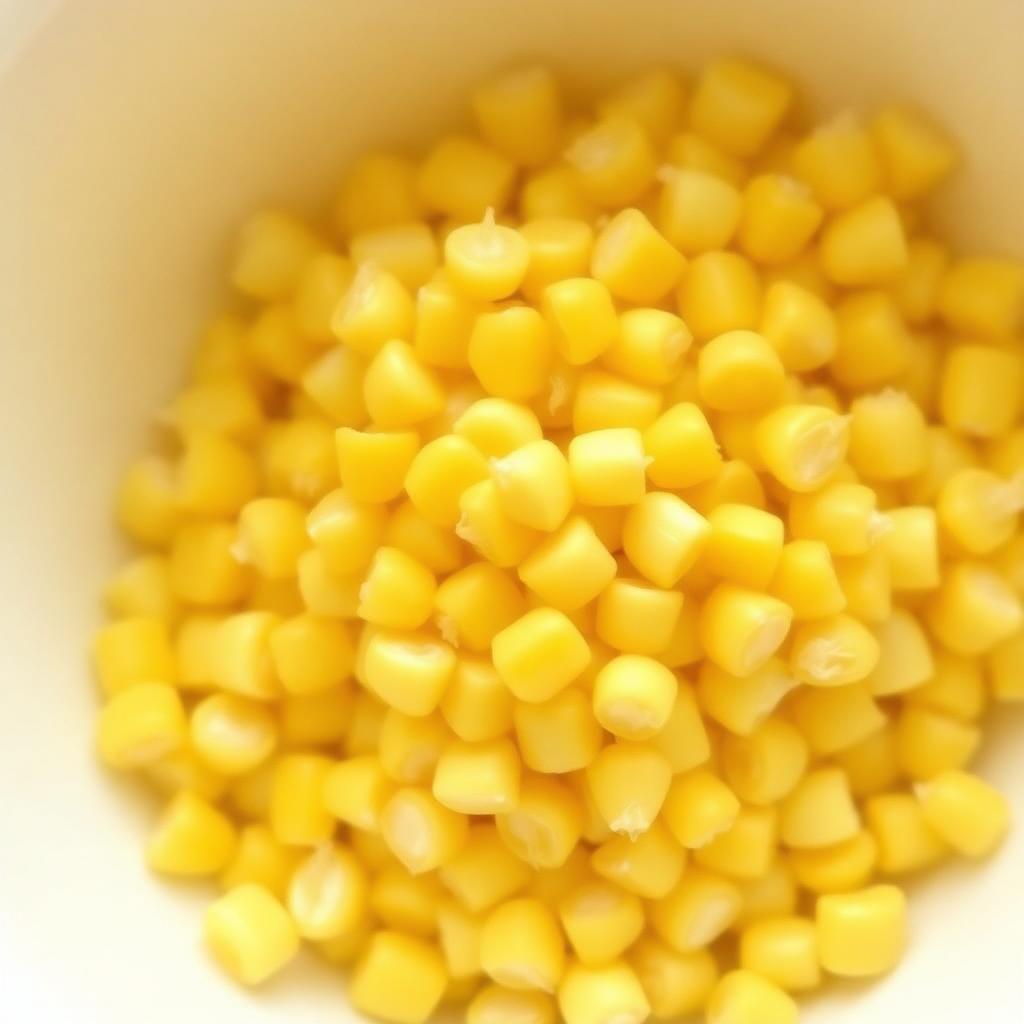 Yellow corn kernels piled in a small white bowl, macro food photography