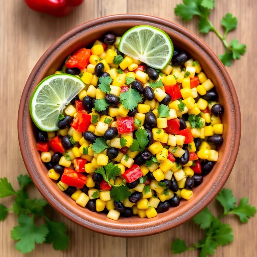 Southwestern corn salad with black beans, red bell pepper, lime and cilantro