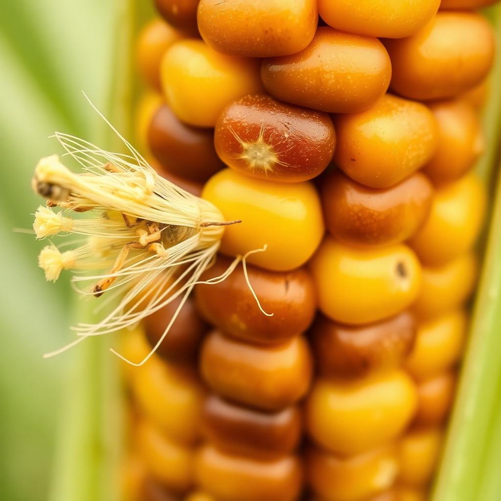 Close up of corn silk emerging from a developing ear of corn