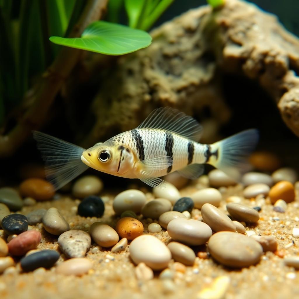 A small corydoras catfish foraging across smooth pebbles and sand at the bottom of a planted aquarium
