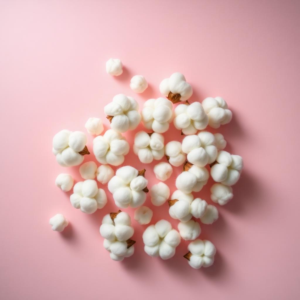 Soft white cotton balls scattered across a pastel pink background in a minimal still life
