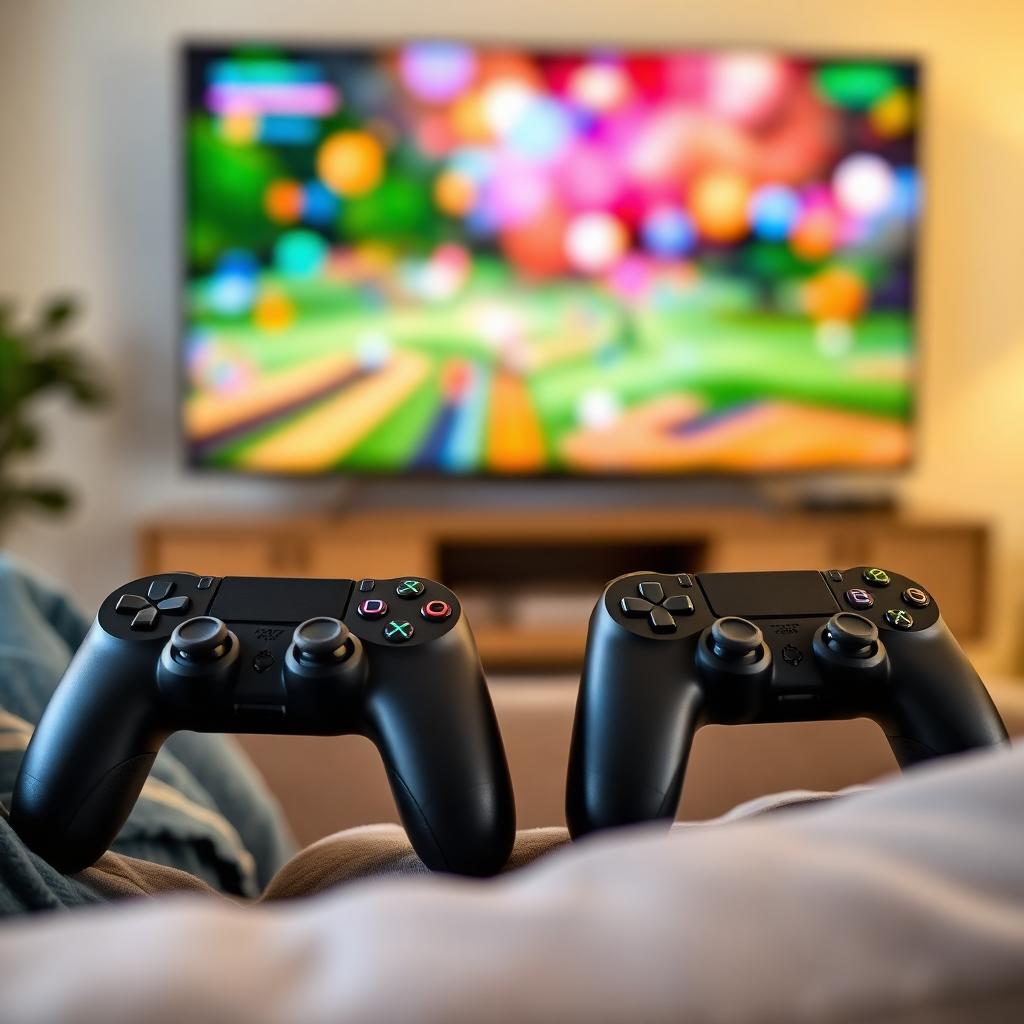 Two black wireless game controllers on a couch with a colorful television gameplay scene blurred in the background