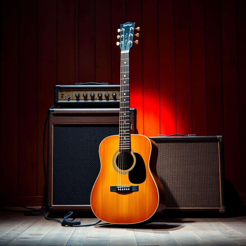 A vintage acoustic guitar leaning against a guitar amp on a wooden stage lit by a warm amber spotlight