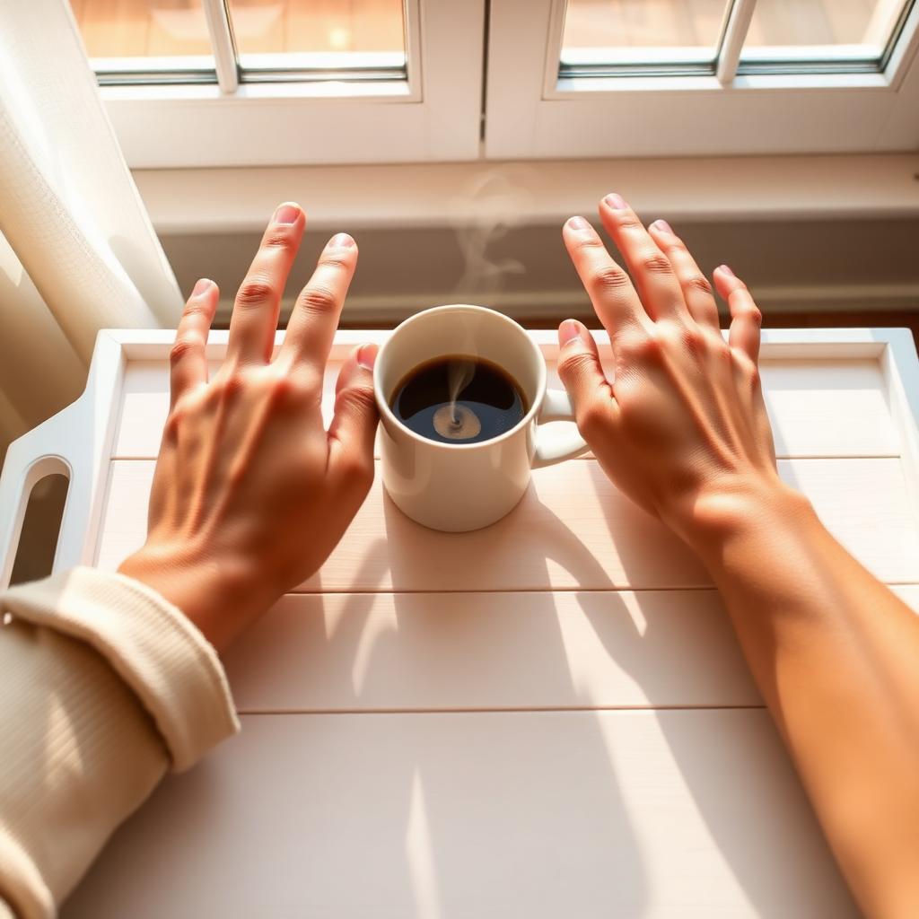 Two adult hands resting gently on a sunlit breakfast tray with a steaming mug, a tender morning moment