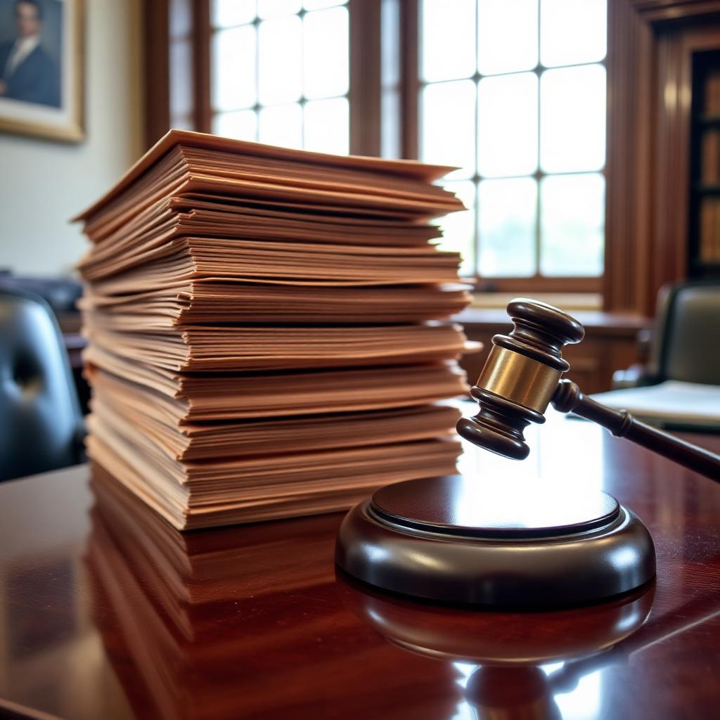 Stacked legal folders and a gavel symbolising the Brad Pitt appellate court win against Yuri Shefler in the Miraval case