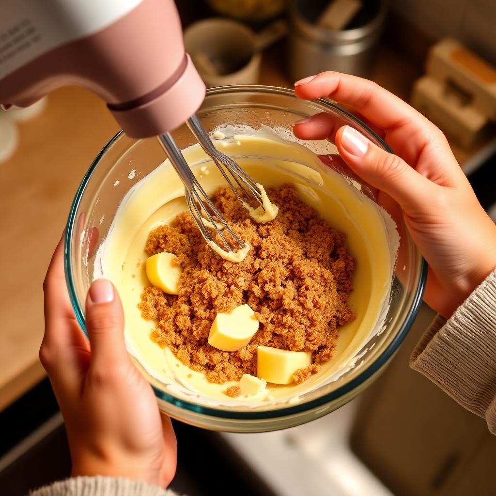 I Bake Homemade Chocolate Chip Cookies From Scratch: Hands creaming butter and brown sugar in a glass bowl with a hand mixer