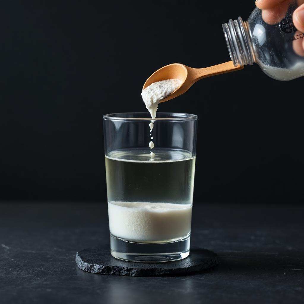 Scoop of white creatine powder being stirred into a glass of water