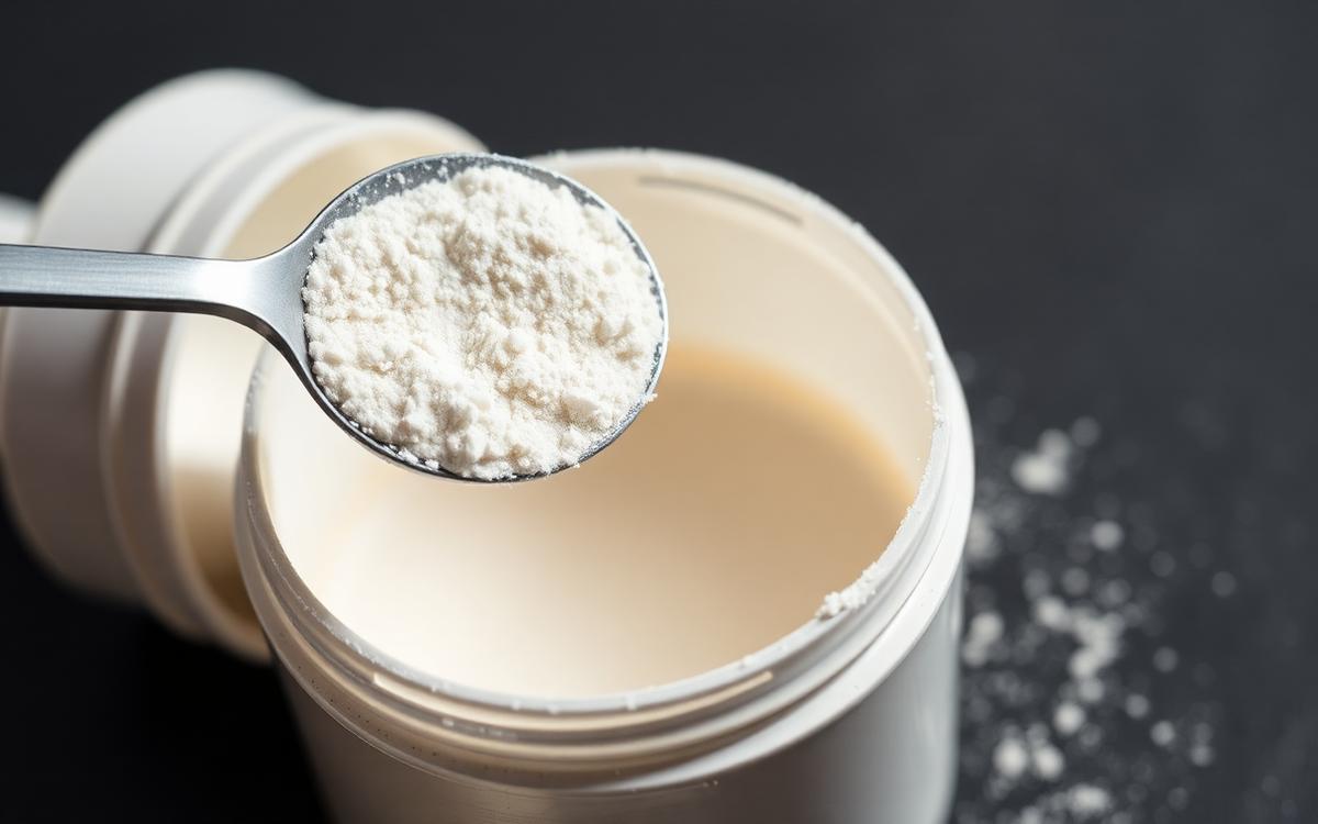 Scoop of white creatine monohydrate powder resting on an open supplement tub