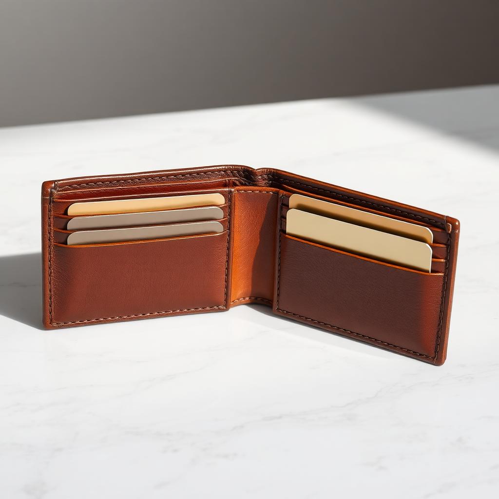A brown leather bifold wallet open on a white marble surface showing several generic blank cards arranged in the slots